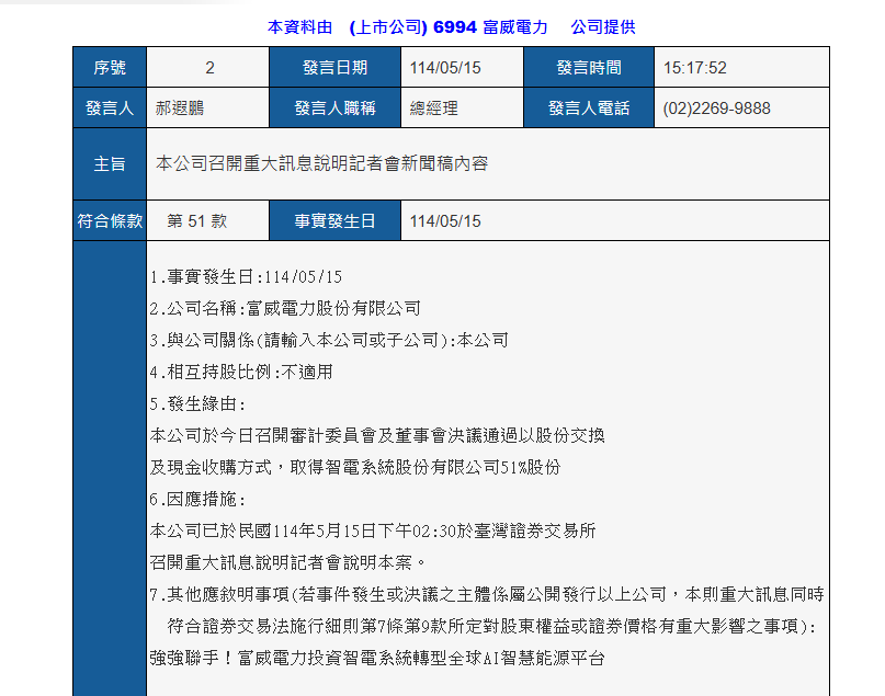 富威電力於今日下午2時30分召開重大訊息說明記者會。（圖／公開資訊觀測站）